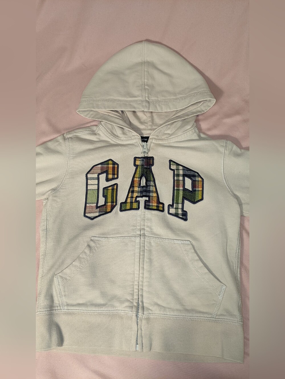Baby Gap 3T Full Zip Hoodie In Beige With Madras Plaid Accents